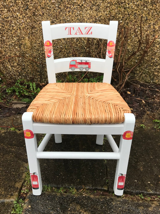 Rush seat personalised children's chair - Fire Engine theme - made to order