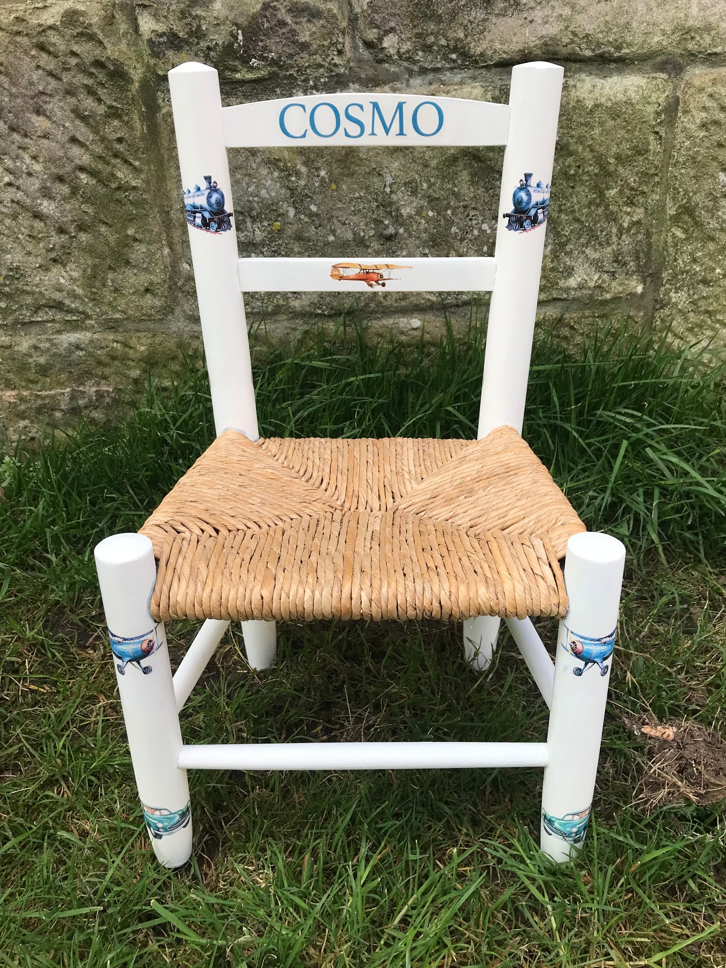 Rush seat personalised children's chair - Trains Planes and Automobiles theme - made to order