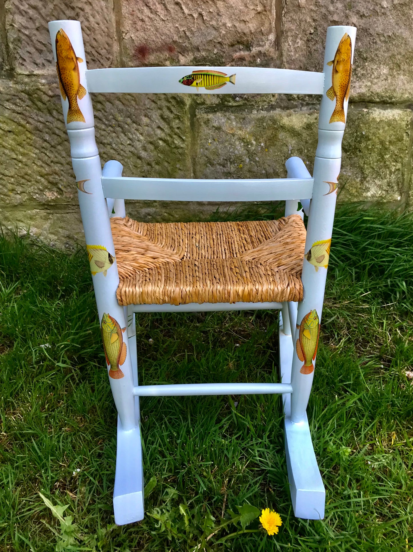 Rush seat / rush rocking chair / wooden school chair / wooden rocking chair Personalised children's chair - Fish  theme - made to order