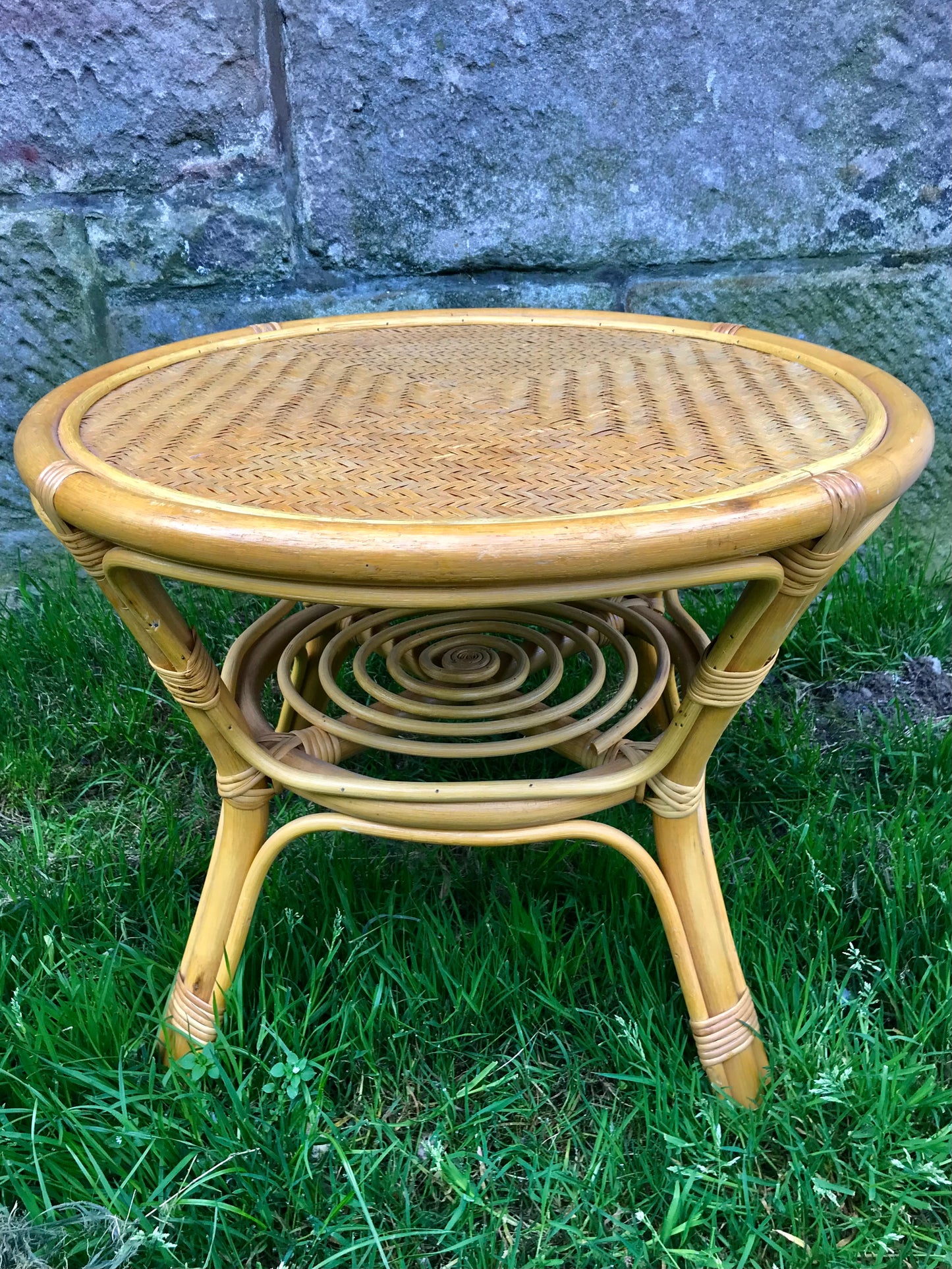 Vintage Cane and Rattan Round Coffee Table, 1970s