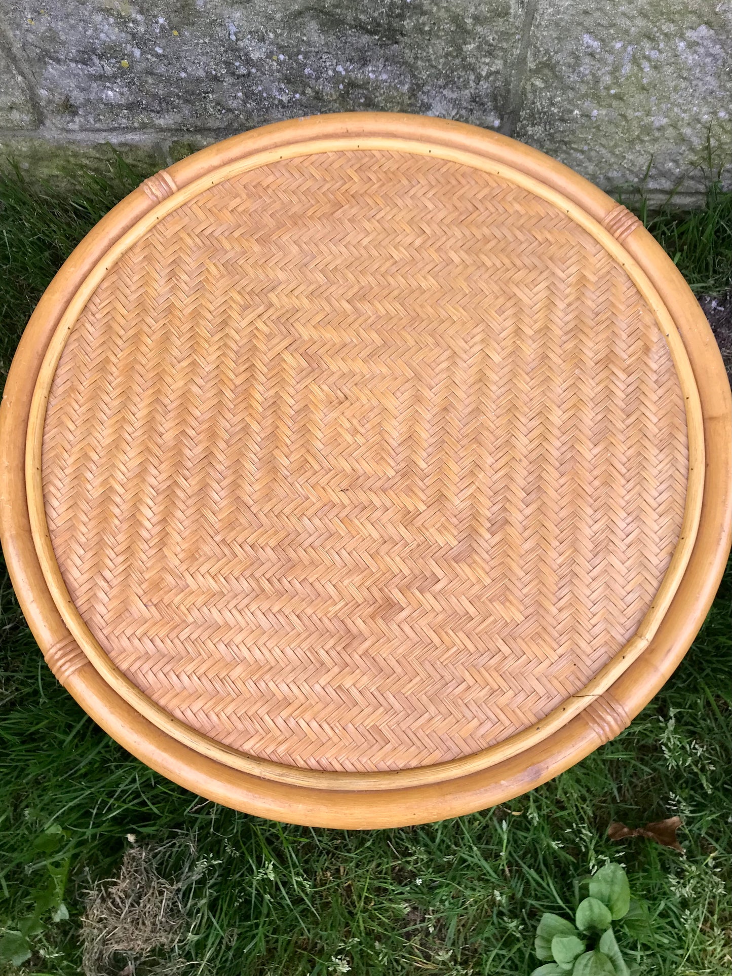 Vintage Cane and Rattan Round Coffee Table, 1970s