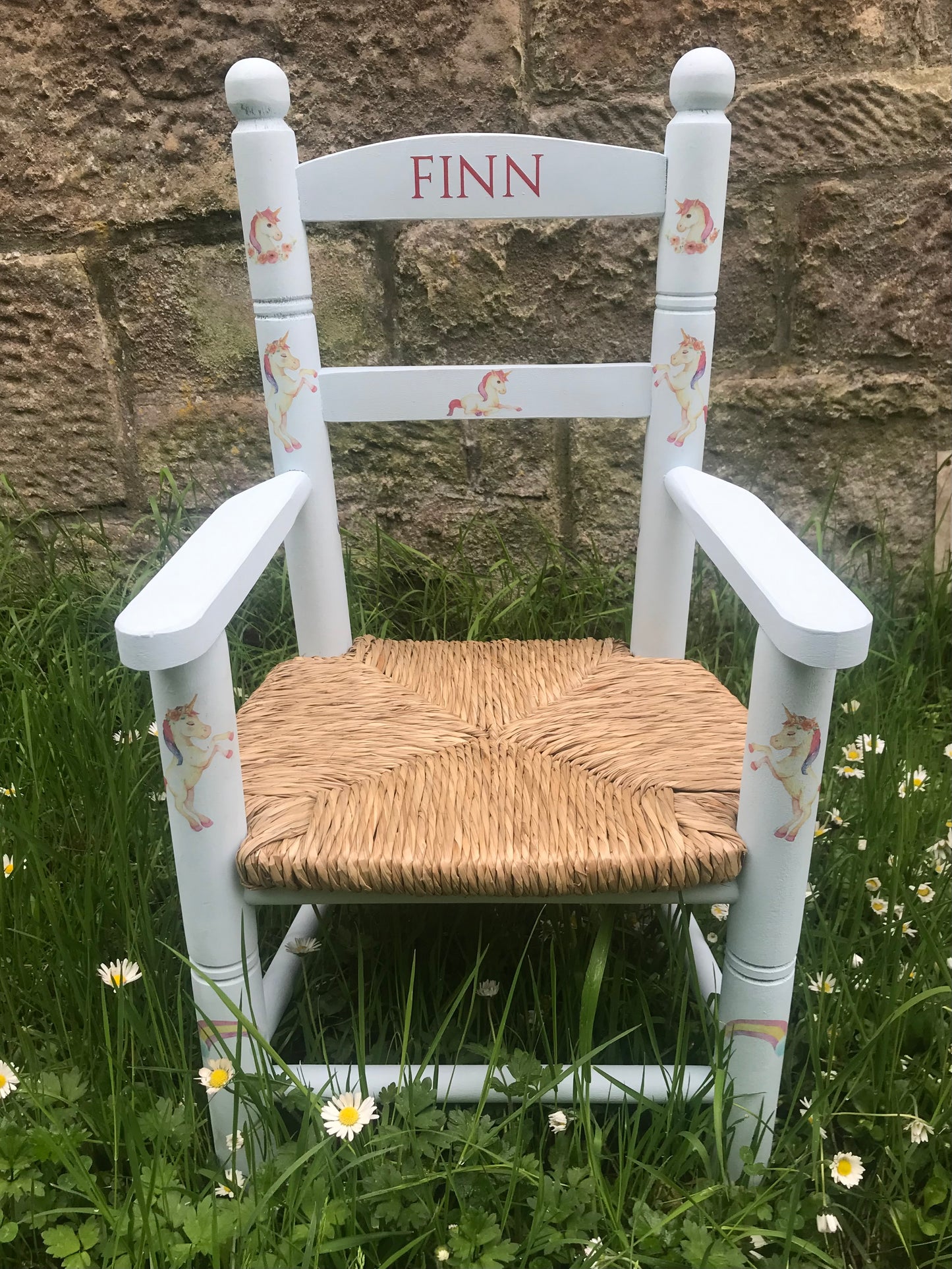 Rush seat personalised children's chair - Unicorn Theme - made to order