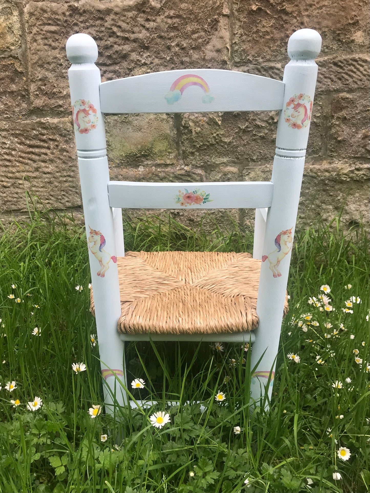 Rush seat personalised children's chair - Unicorn Theme - made to order