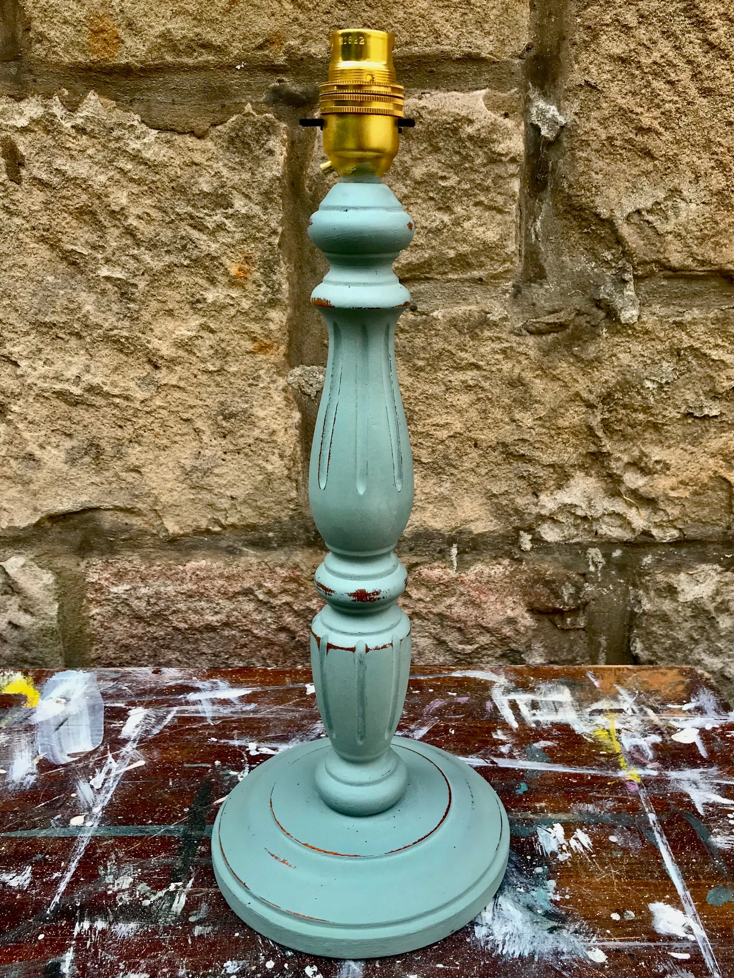 Vintage wooden lamp base painted in duck egg blue