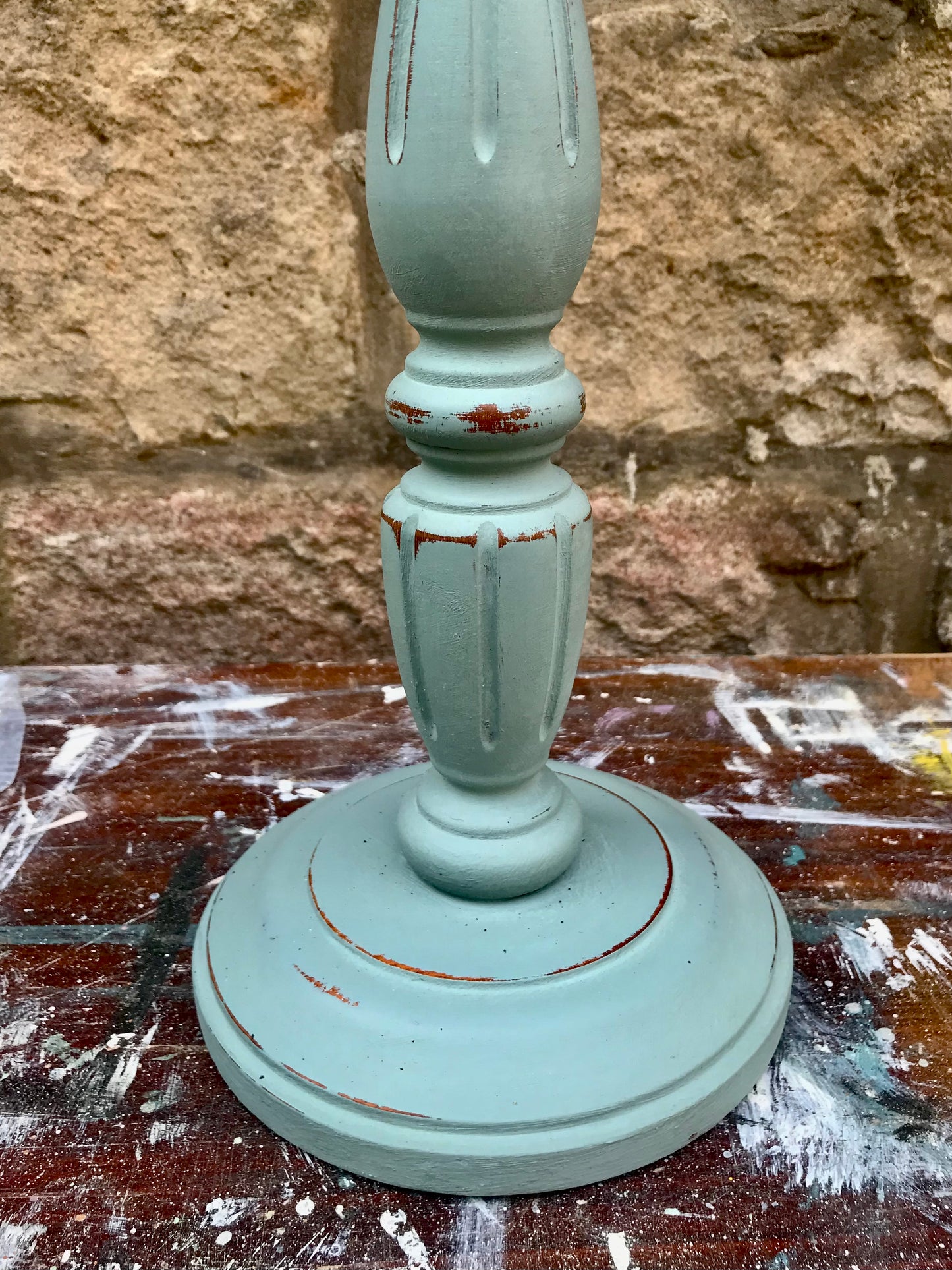 Vintage wooden lamp base painted in duck egg blue