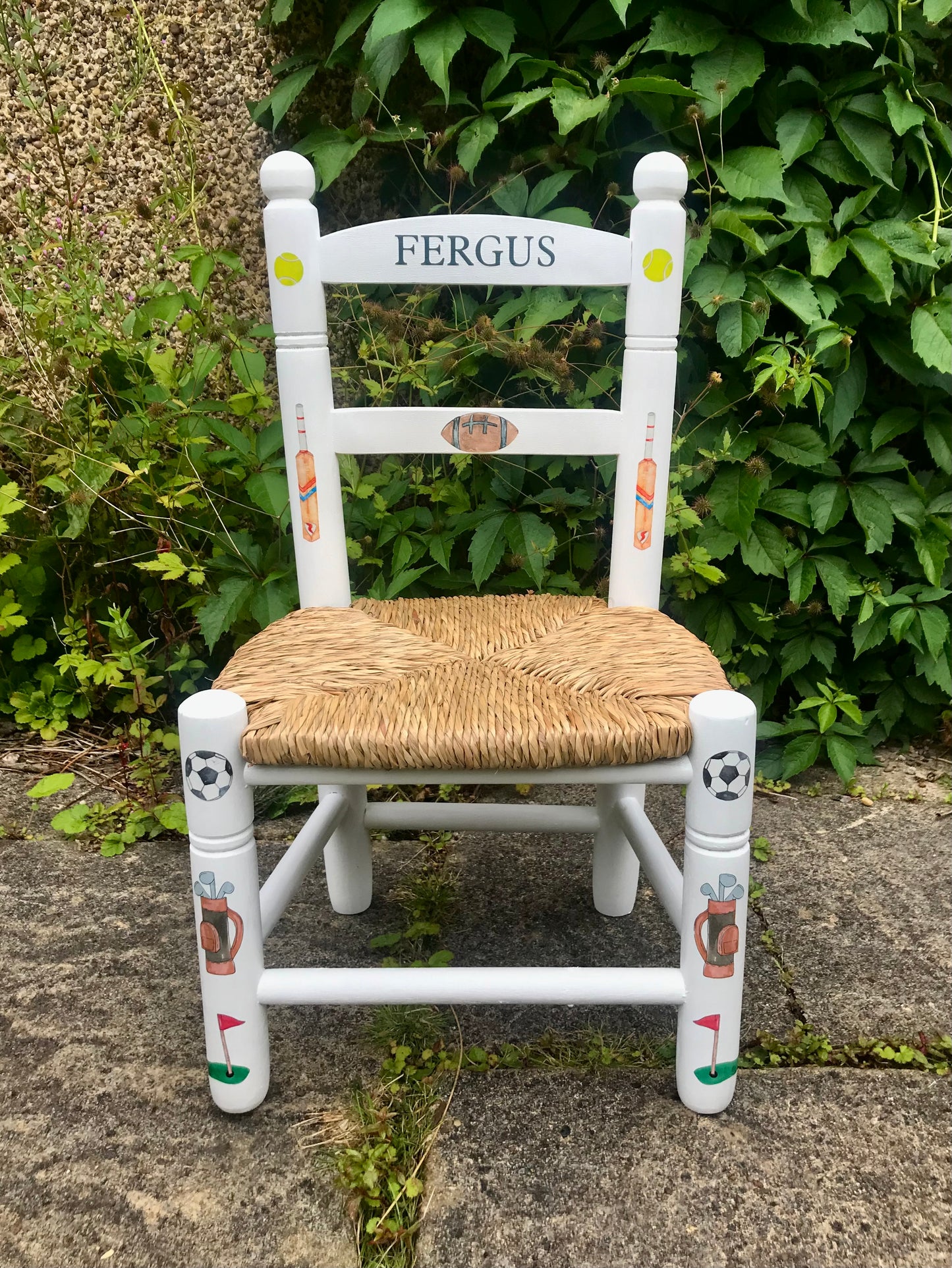 Rush seat personalised children's chair - Sport fan theme - made to order