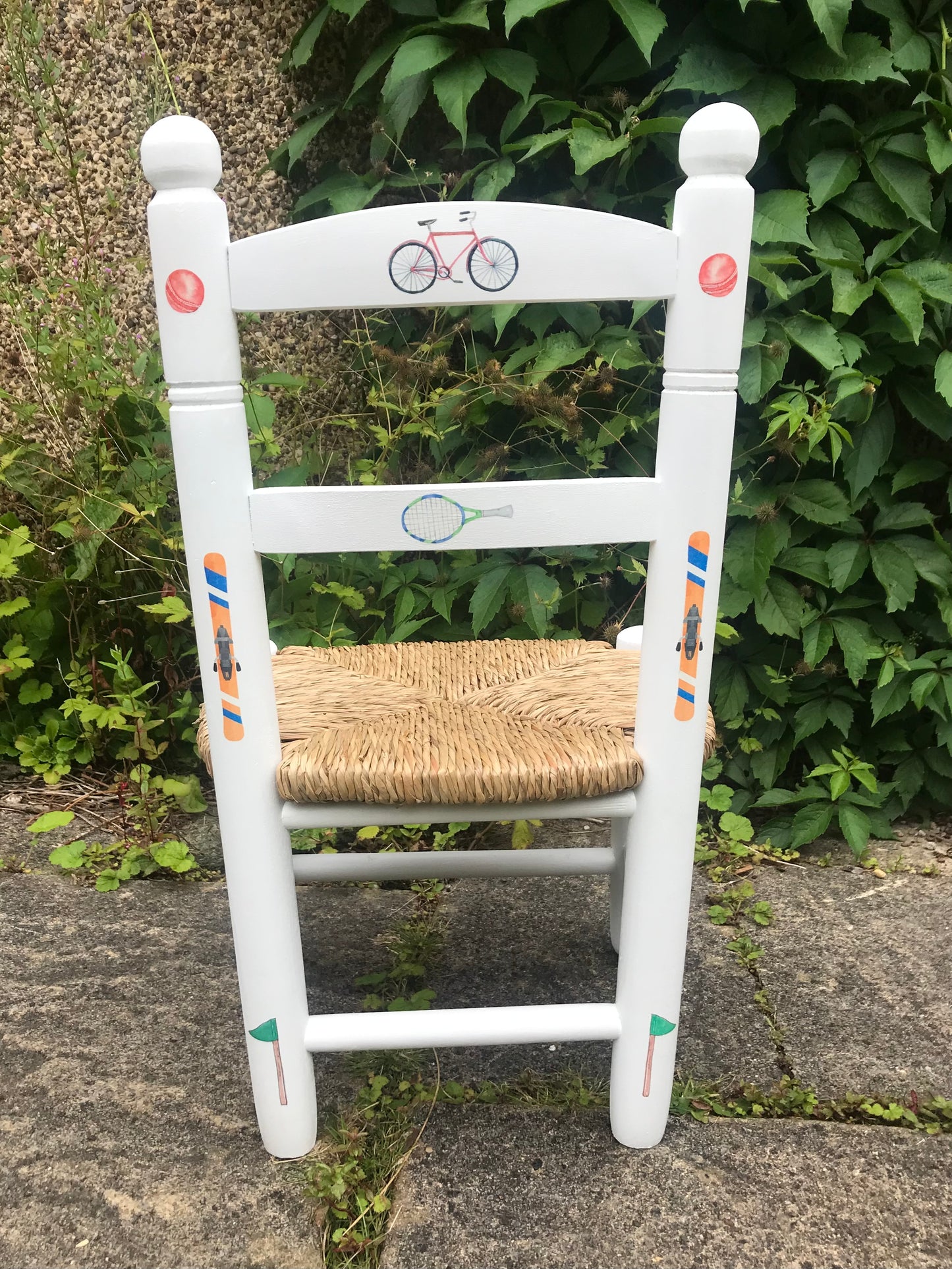 Rush seat personalised children's chair - Sport fan theme - made to order