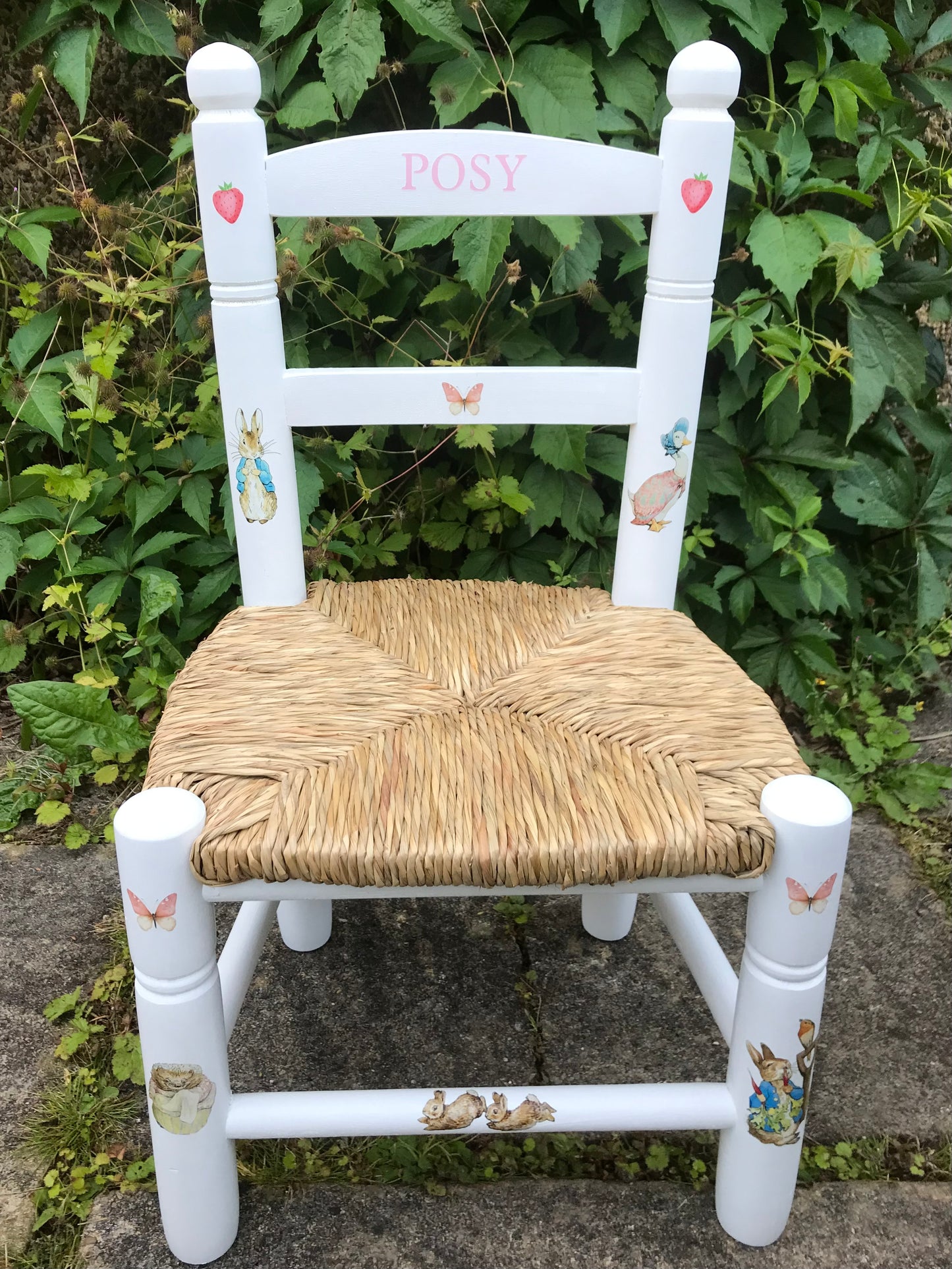 Rush seat personalised children's chair - Strawberry Beatrix theme - made to order