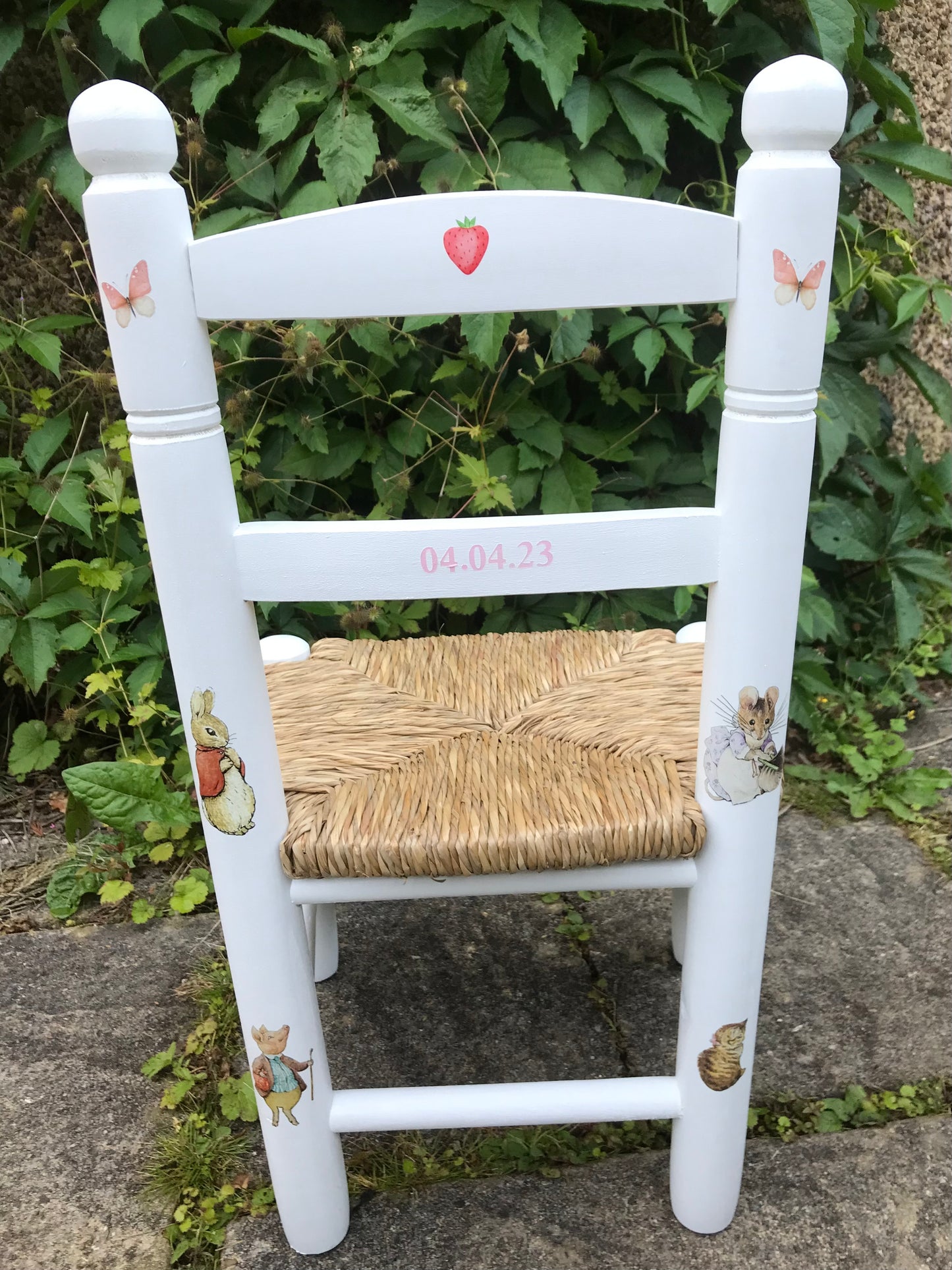 Rush seat personalised children's chair - Strawberry Beatrix theme - made to order