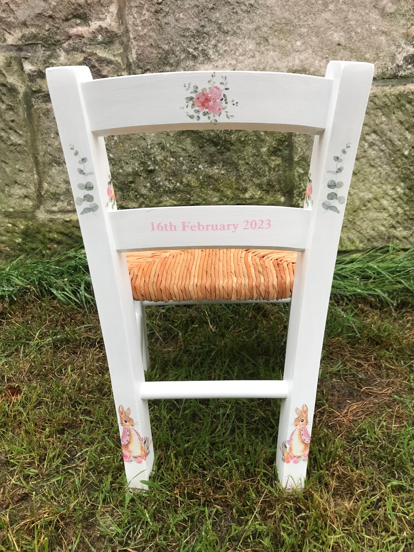 Rush seat personalised children's chair - Beatrix Potter Flopsy Bunny  theme - made to order