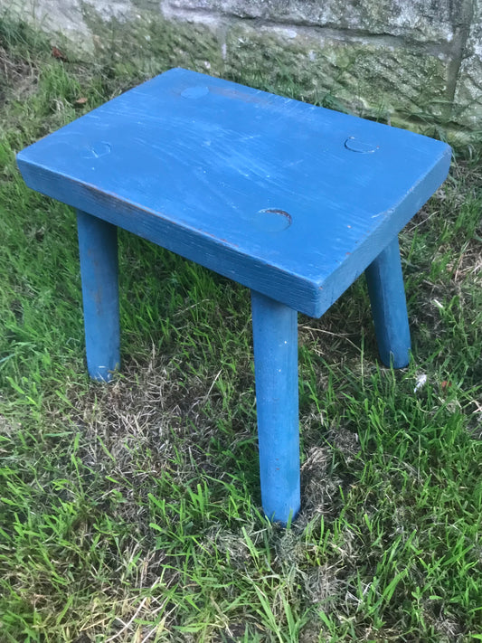 Vintage rustic stool painted in chippy blue milk paint