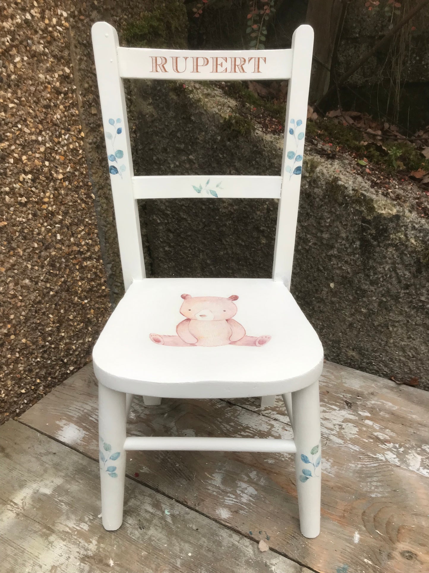 Children's personalised upcycled wooden nursery school chair with little bear theme and your child's name