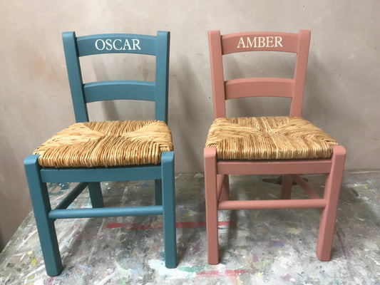 Children's personalised painted wooden school chair with your child's initials or name and date of birth - painted to order