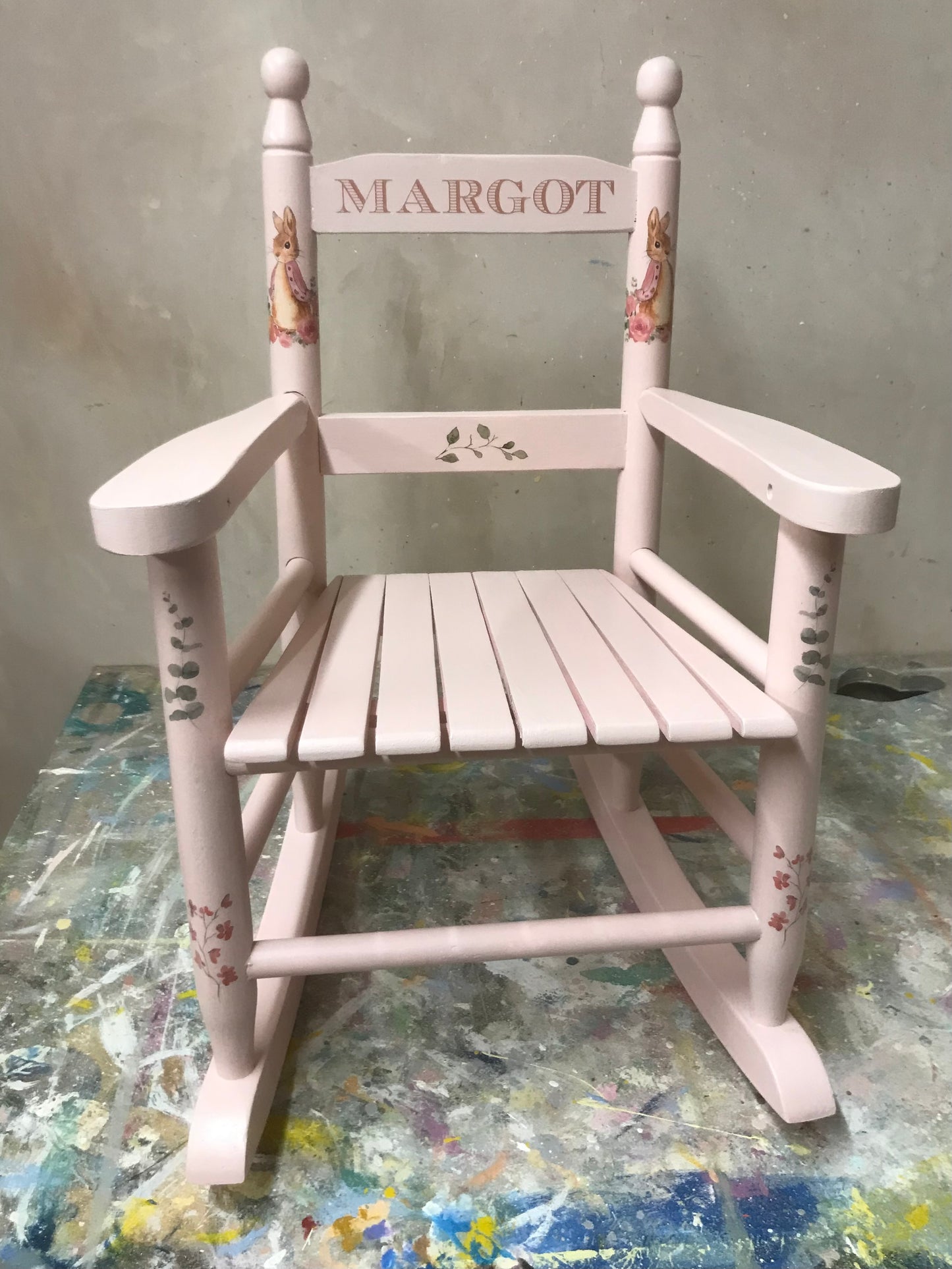 Rush seat personalised children's chair - Beatrix Potter Flopsy Bunny  theme - made to order