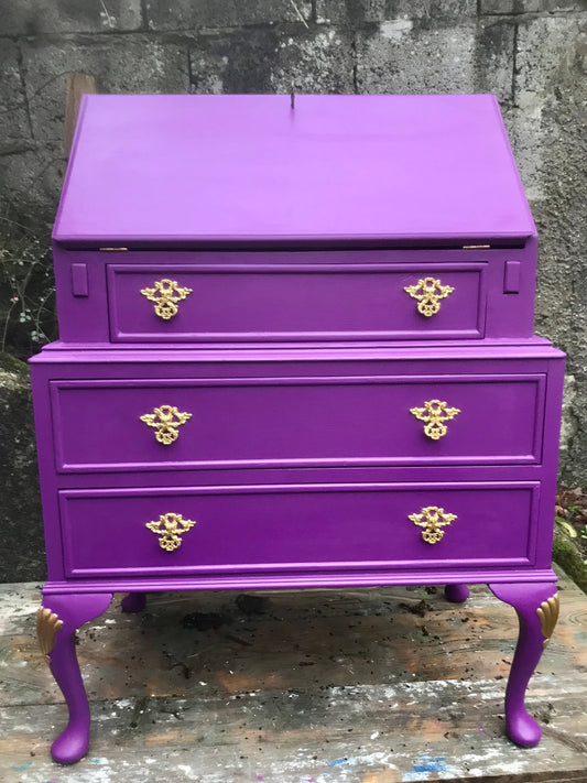 Vintage writing bureau in purple and gold