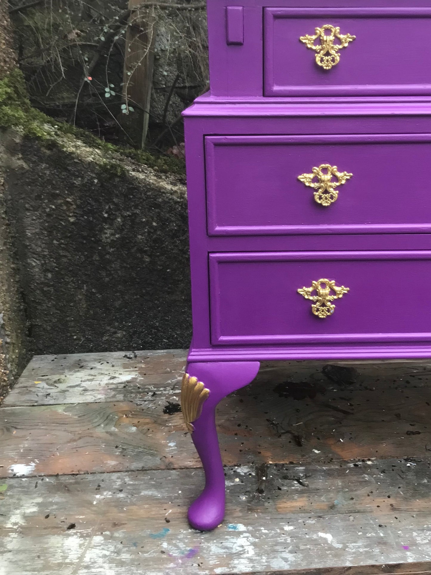 Vintage writing bureau in purple and gold