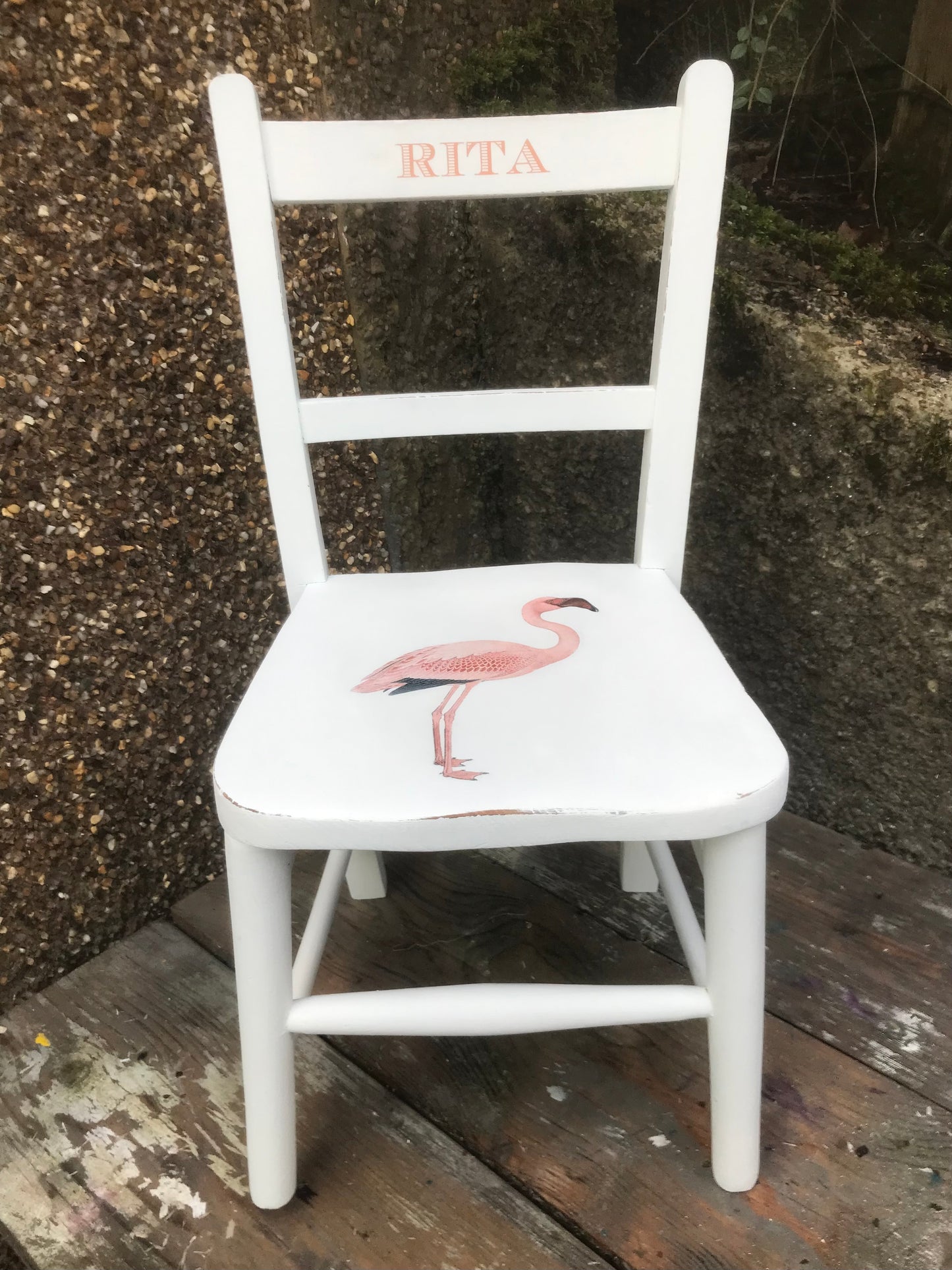 Children's personalised upcycled wooden nursery school chair with vintage flamingo theme and your child's name