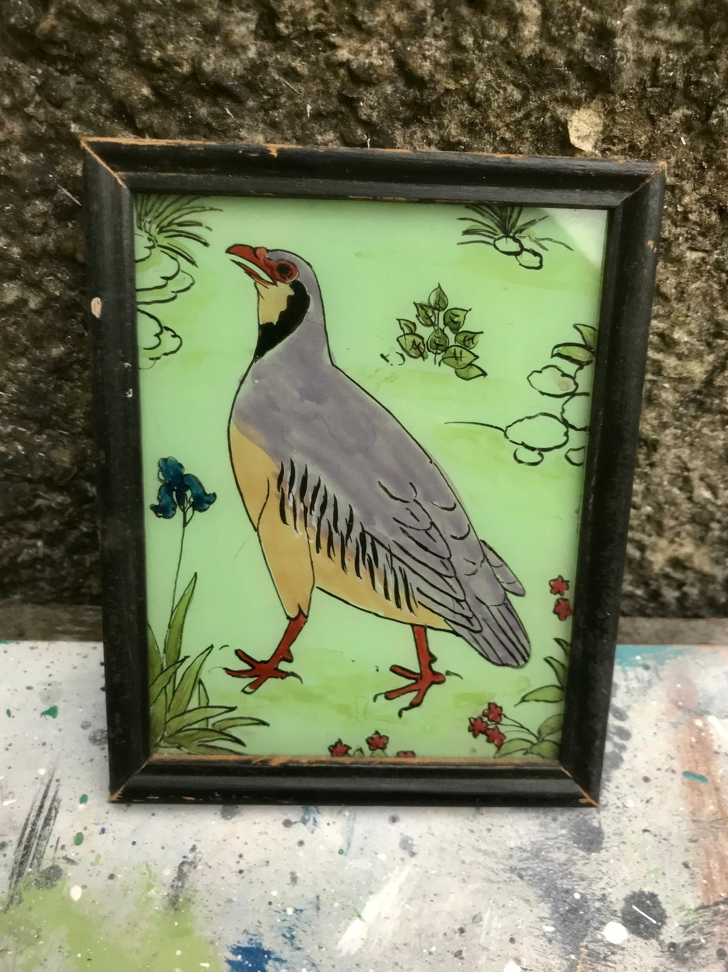 Vintage glass painting of a grouse in a beautiful original frame