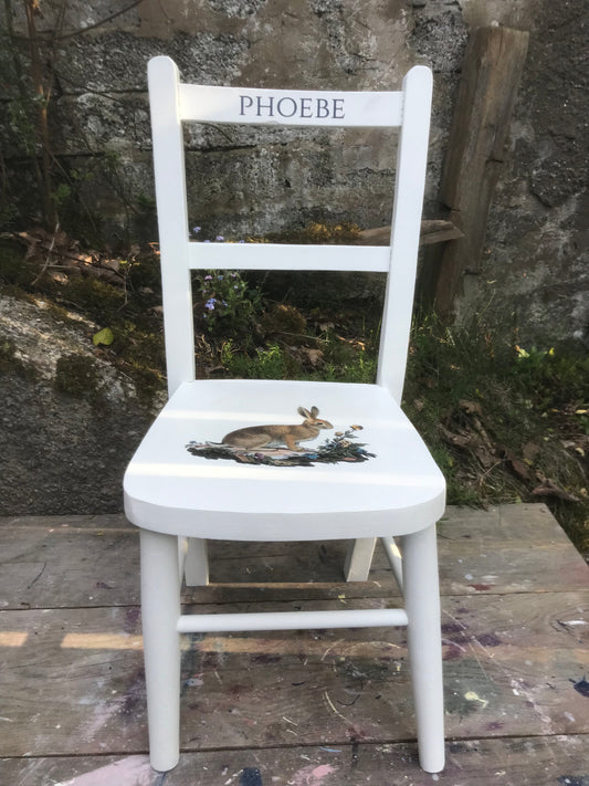 Children's personalised upcycled  wooden school chair - Field Rabbit theme