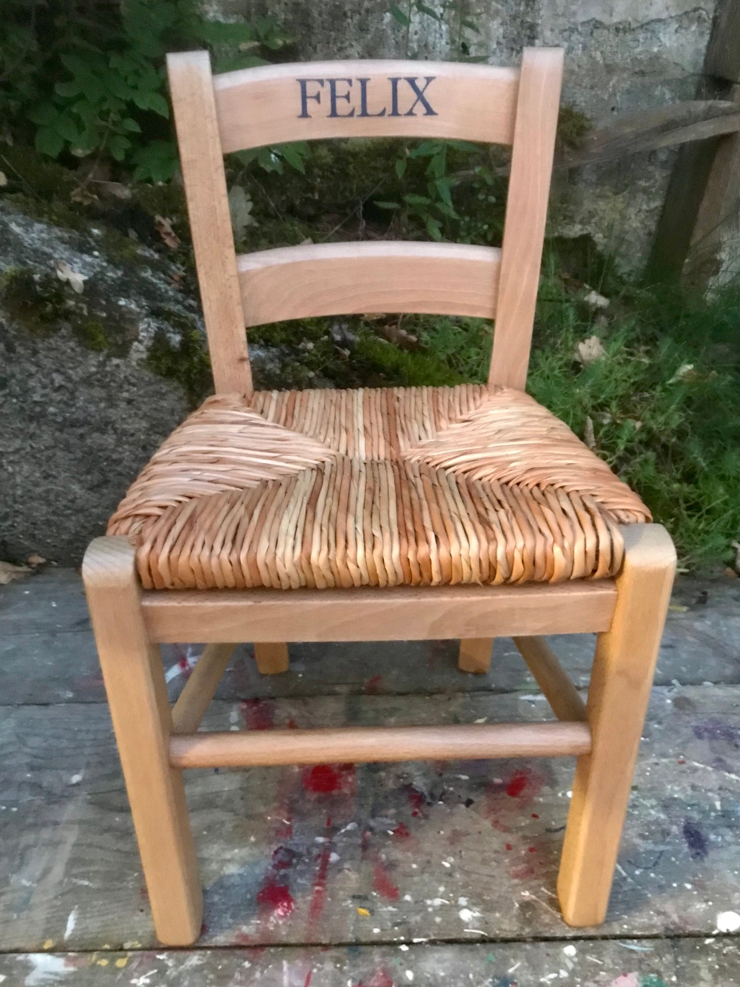 Children's personalised varnished beech wood school chair with your child's initials or name and date of birth - painted to order