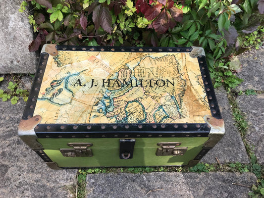 Personalised  children's travel trunk with map design