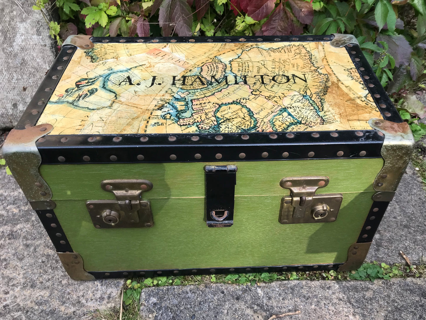 Personalised  children's travel trunk with map design