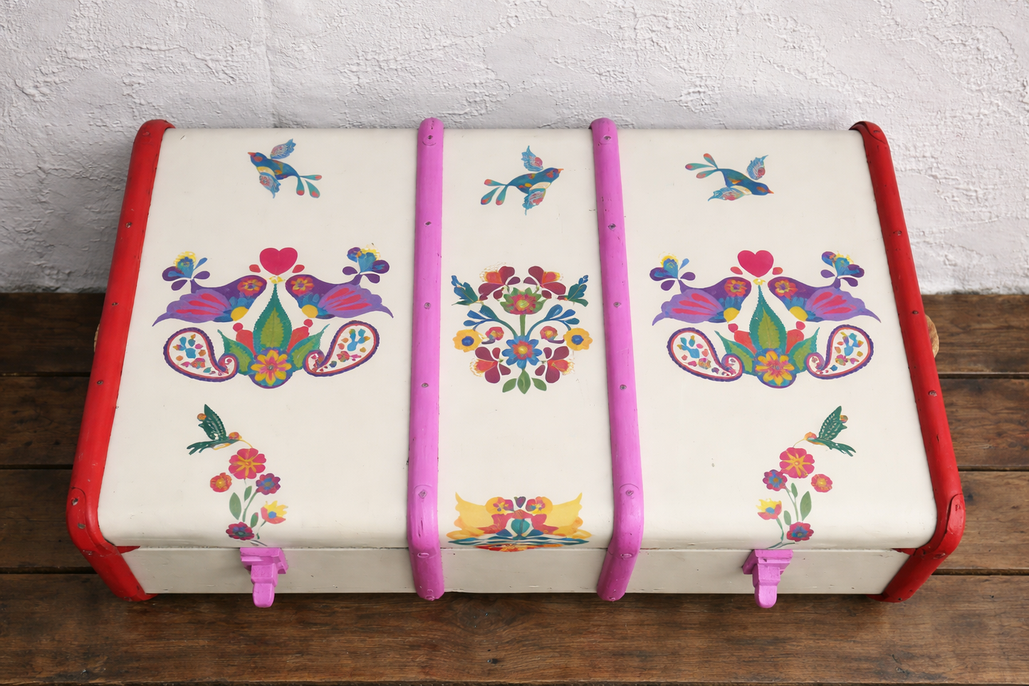 Personalised decoupaged children's folk art birds steamer trunk - made to order I can do other designs