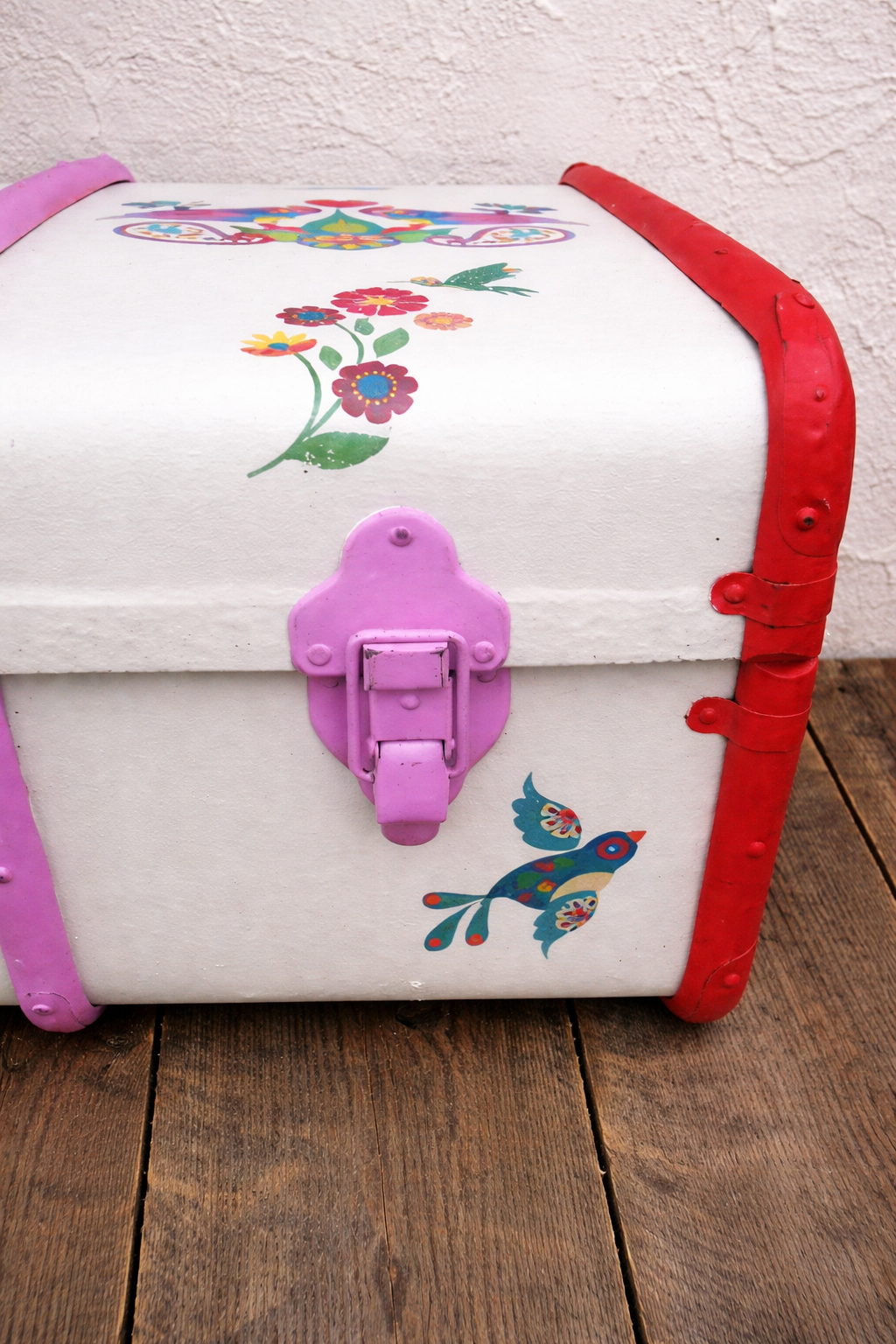 Personalised decoupaged children's folk art birds steamer trunk - made to order I can do other designs