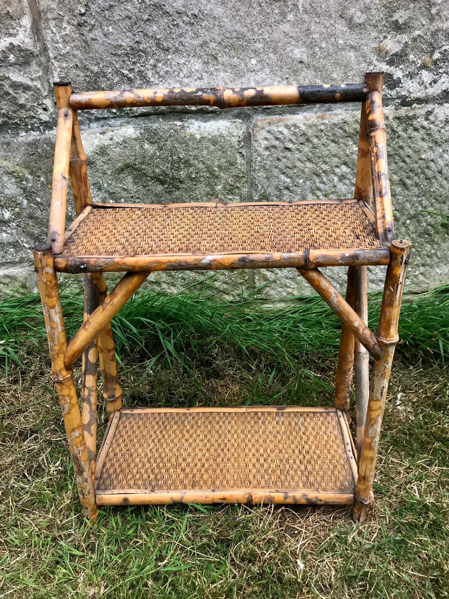 Rare antique tiger bamboo rattan wall shelf