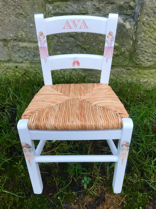 Rush seat personalised children's chair - Ballerina  theme - made to order