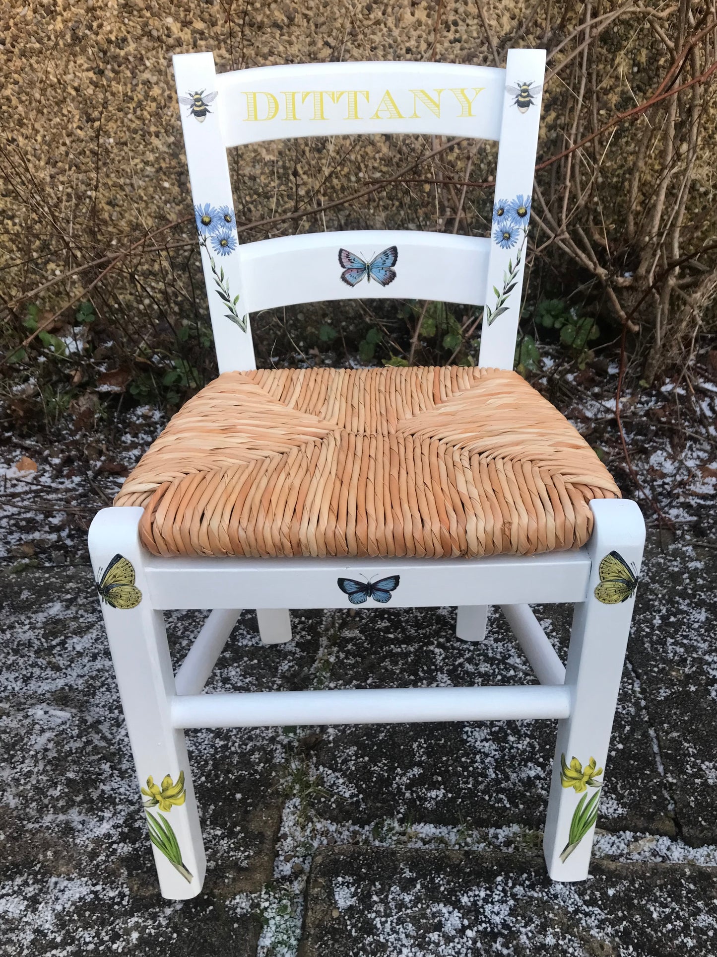 Rush seat personalised children's chair - Flower friends theme - made to order