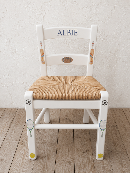 Rush seat personalised children's chair - Sport fan theme - made to order