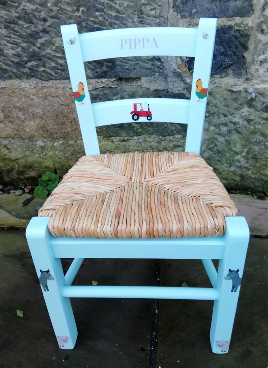 Rush seat personalised children's chair - Little Farm theme - made to order