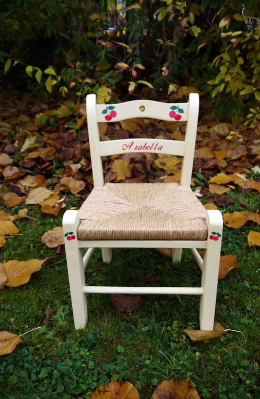 Rush seat personalised children's chair - Cherry and Apple theme theme - made to order