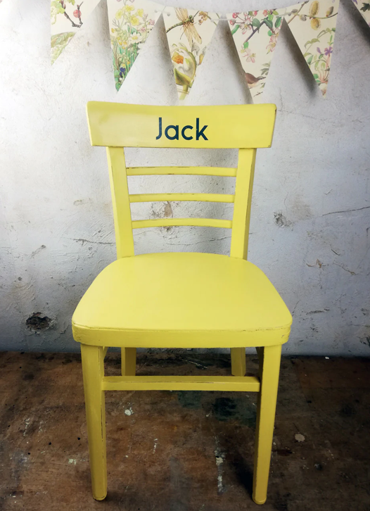 Children's personalised painted wooden school chair with your child's initials or name and date of birth - painted to order