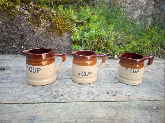 Set of 3 vintage stoneware cup measuring jugs