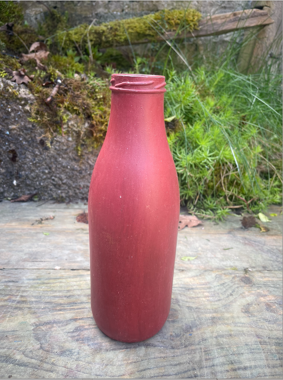 Bottle bud vase painted in layers of textured milk paint