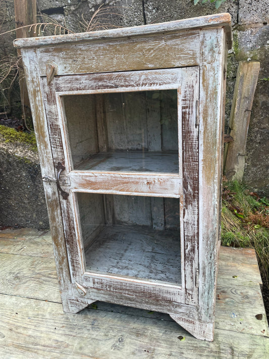 Stunning Antique Insdian 1920's teak wood glass fronted cabinet with original chippy cream and grey paint finish.