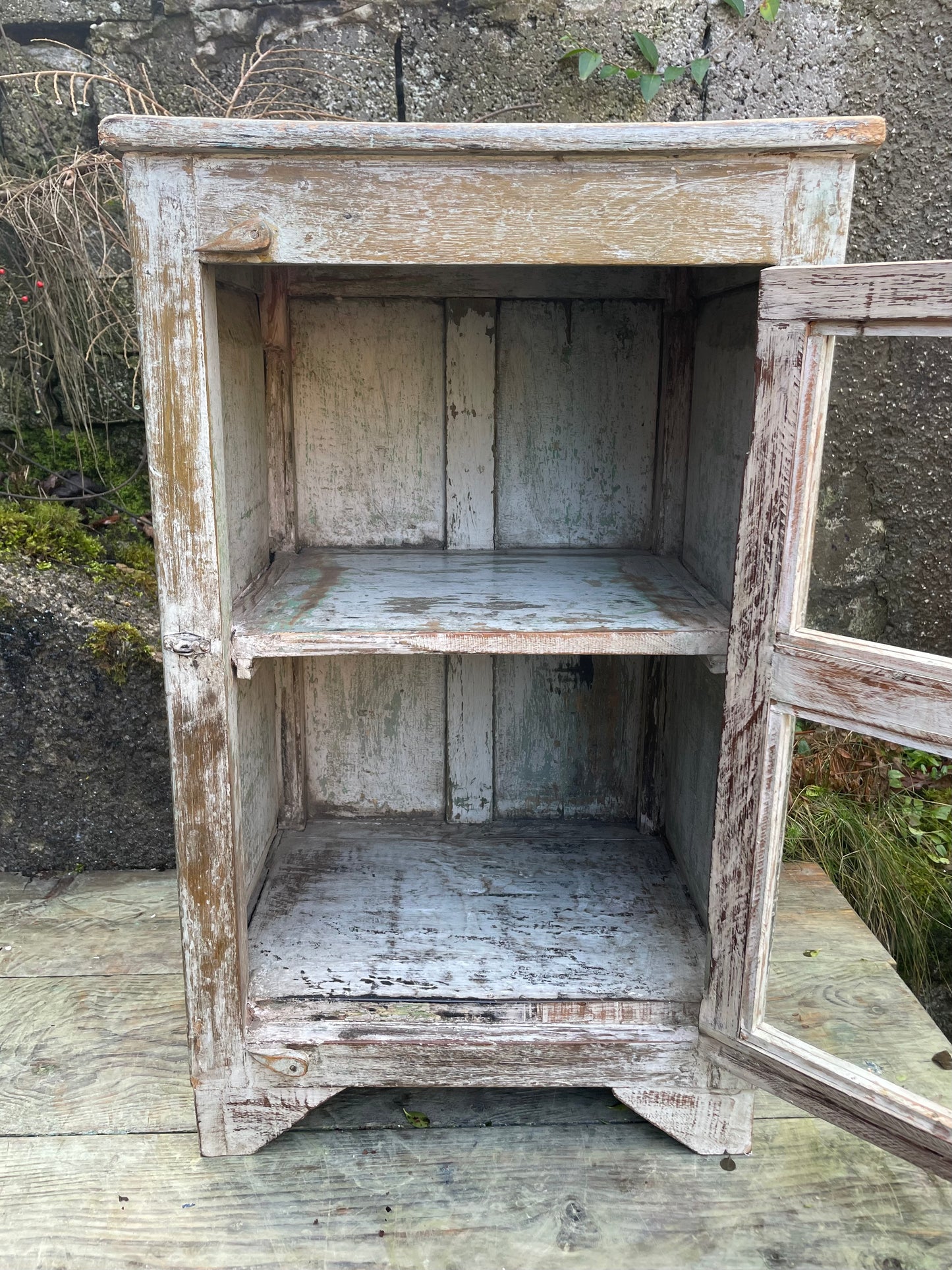Stunning Antique Insdian 1920's teak wood glass fronted cabinet with original chippy cream and grey paint finish.