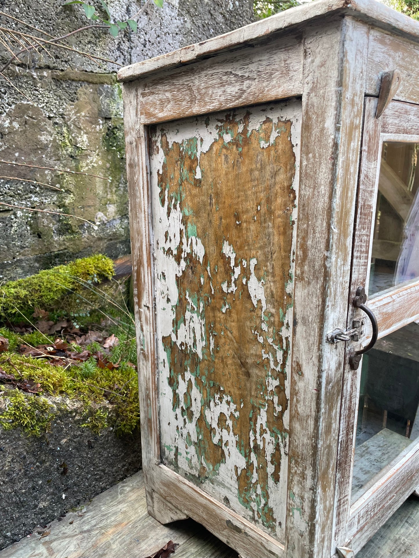 Stunning Antique Insdian 1920's teak wood glass fronted cabinet with original chippy cream and grey paint finish.