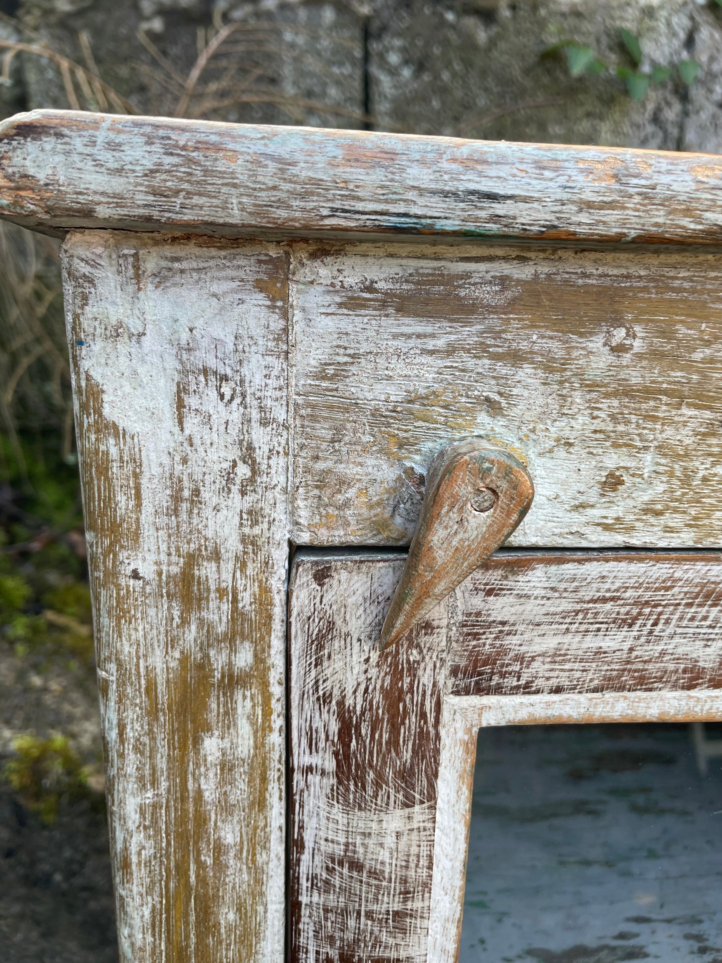 Stunning Antique Insdian 1920's teak wood glass fronted cabinet with original chippy cream and grey paint finish.