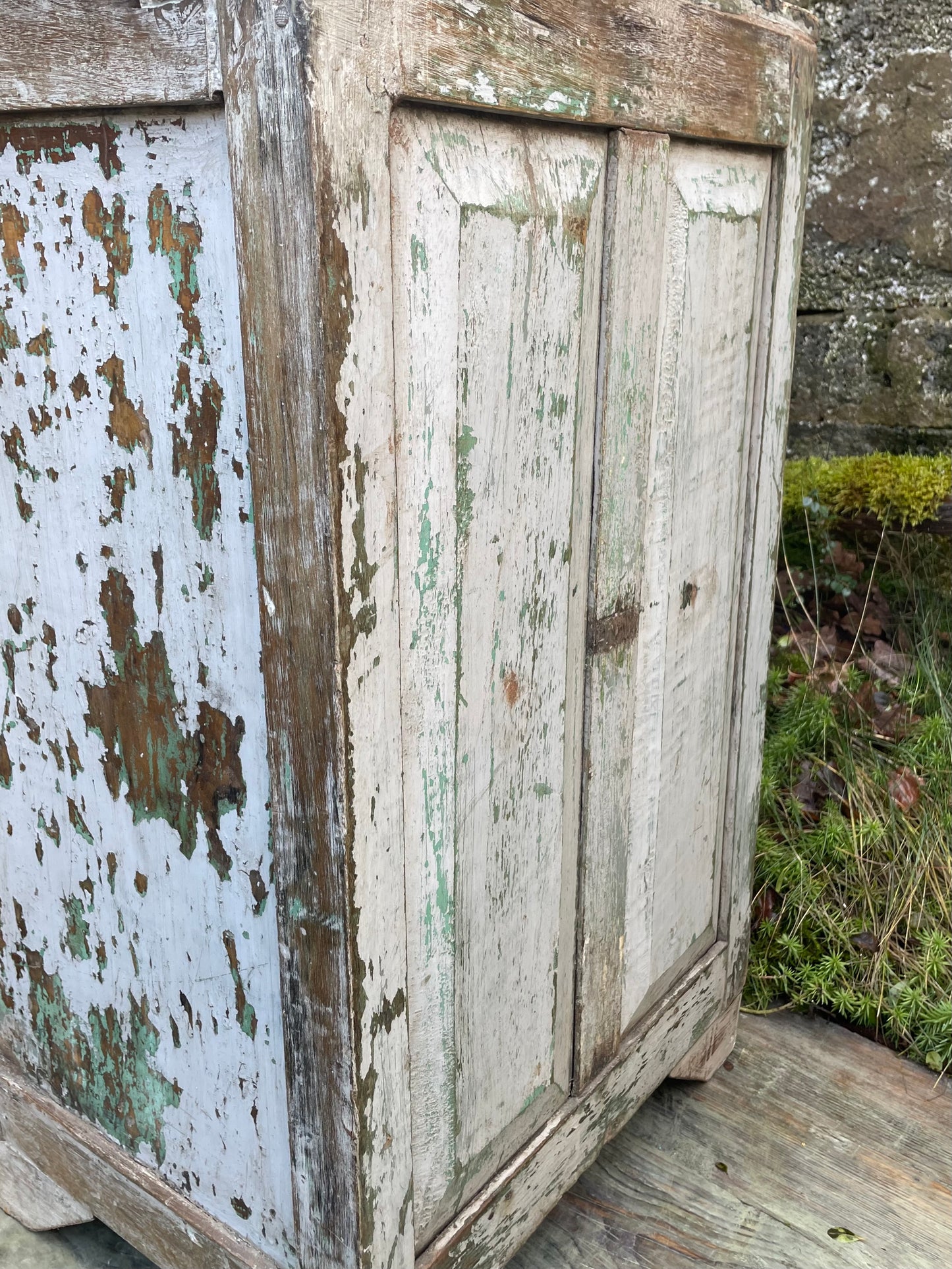 Stunning Antique Insdian 1920's teak wood glass fronted cabinet with original chippy cream and grey paint finish.