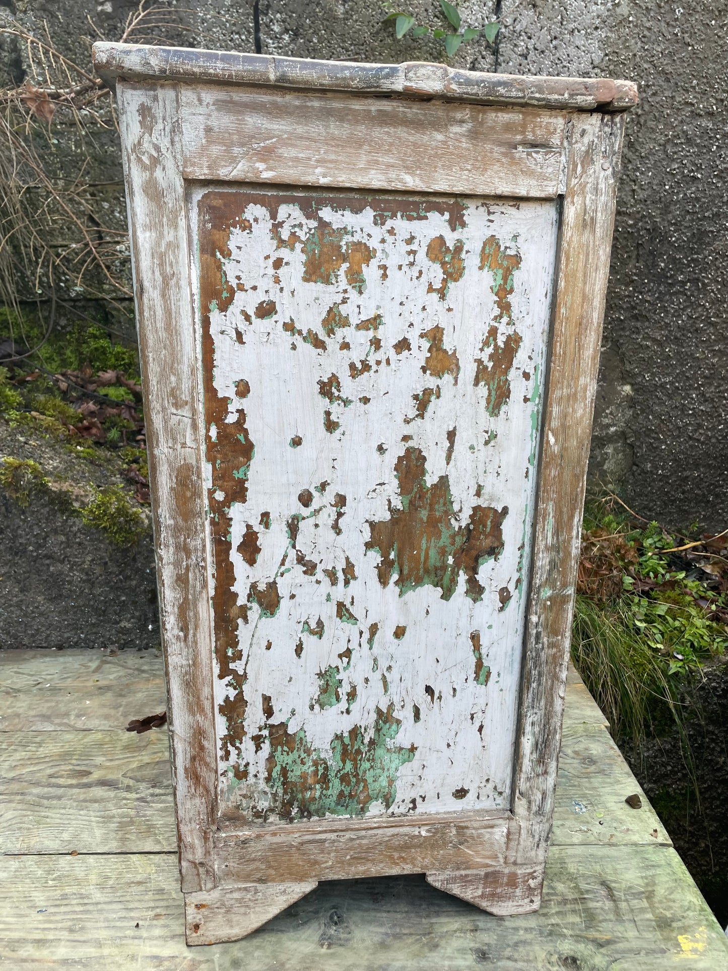 Stunning Antique Insdian 1920's teak wood glass fronted cabinet with original chippy cream and grey paint finish.