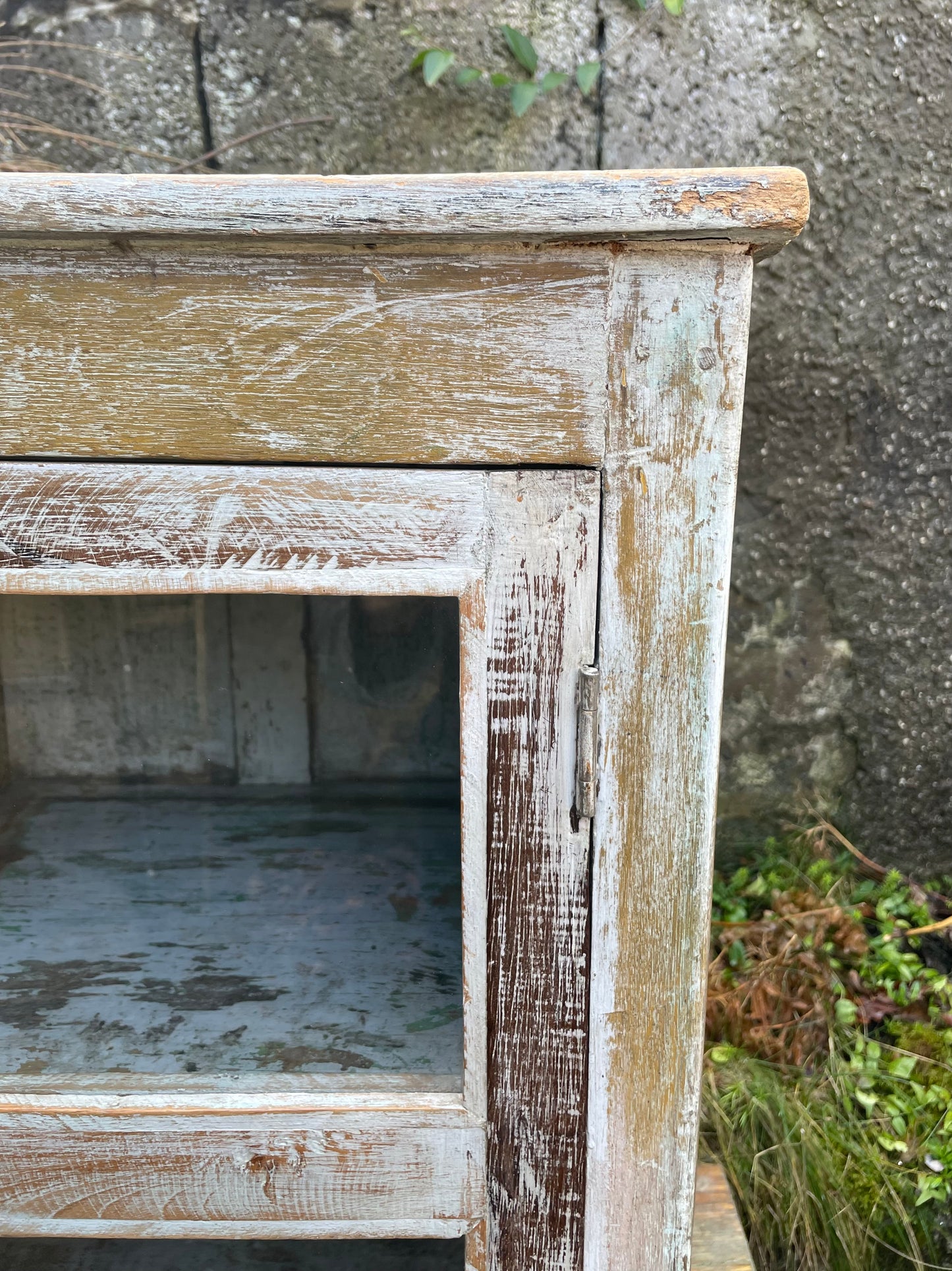 Stunning Antique Insdian 1920's teak wood glass fronted cabinet with original chippy cream and grey paint finish.