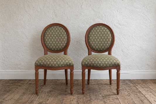 Pair of ornate balloon back dining chairs - Available for painting and reupholstery - price includes refurb.