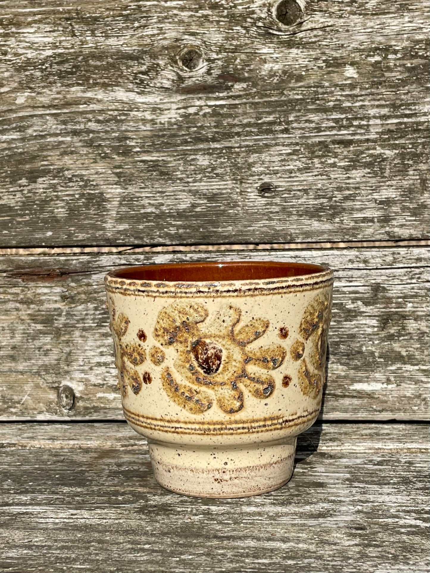 Vintage 1970's pottery cream and brown ceramic planter.
