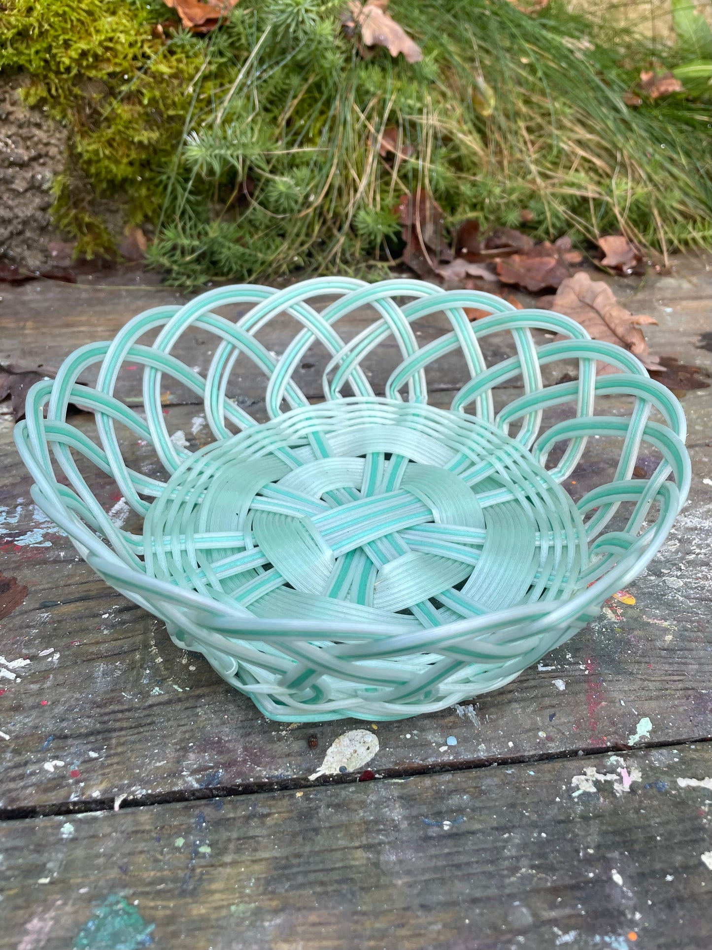 plastic woven bowl in pastel mint greens