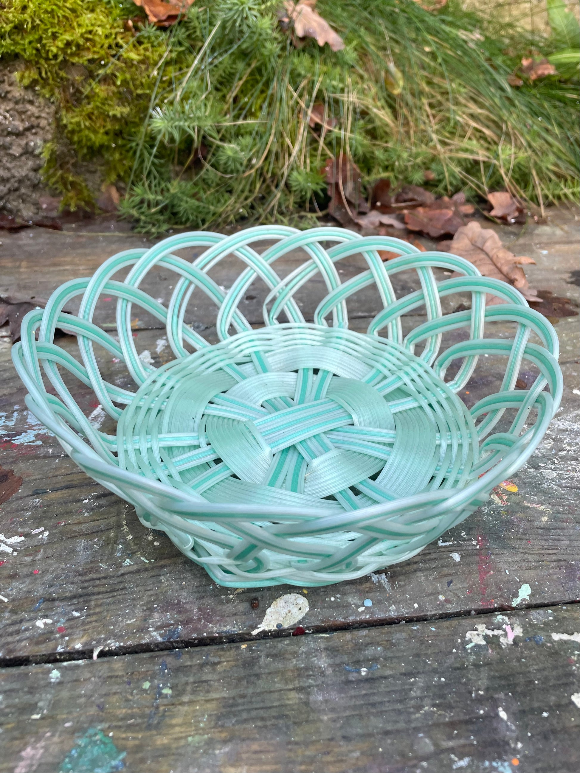 plastic woven bowl in pastel mint greens