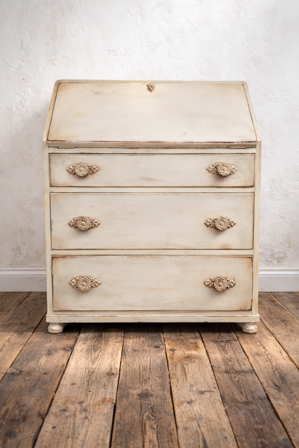 Vintage writing bureau painted in soft creamy yellow and antique waxed to finish