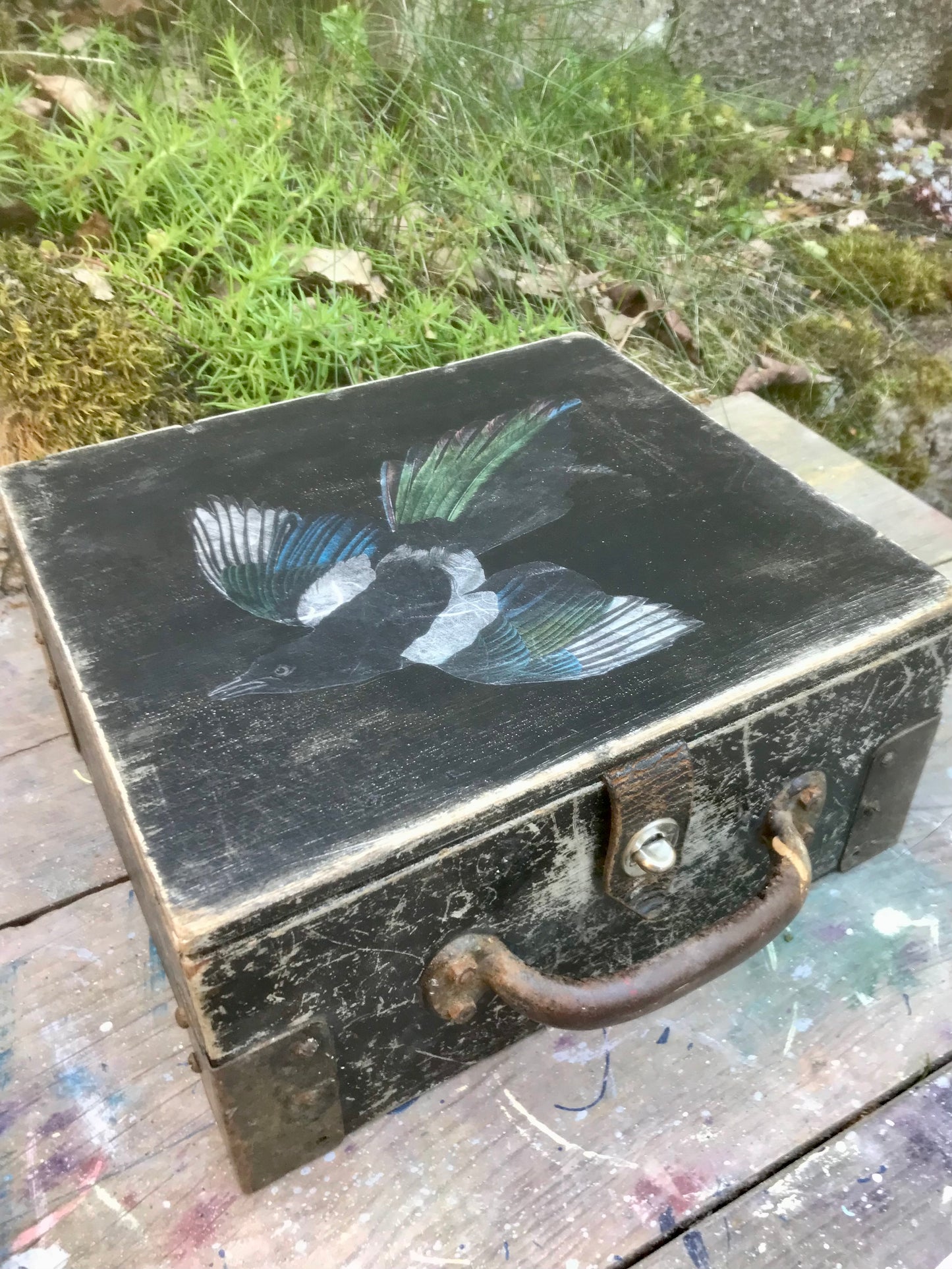 Vintage box in original black paint with Magpie decoupage